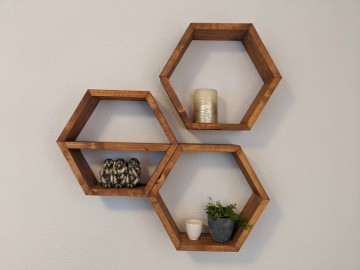 Wood shapes   zeshoek  hexagon  honingraat   honeycomb wandplank   front foto  0